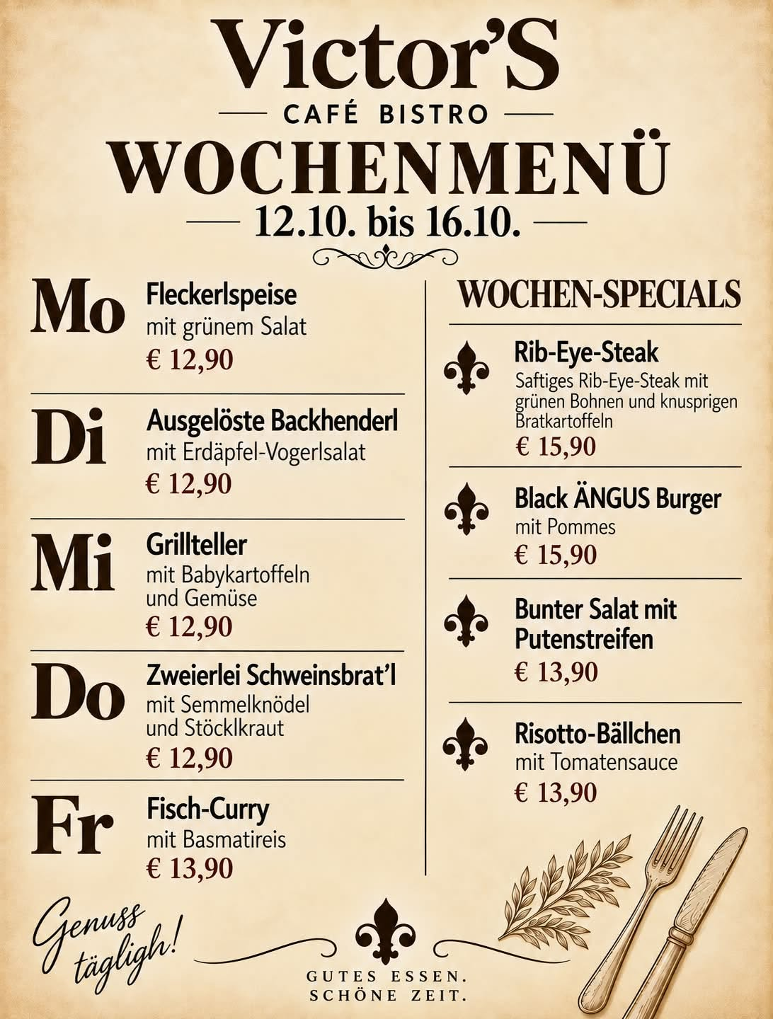 Wochenkarte von Victor’S Café Bistro Linz – Mittagsmenü der aktuellen Woche